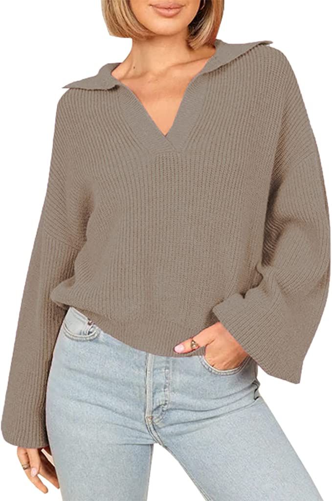 ZAFUL Women's Fall V Neck Polo Lapel Collar Long Sleeve Ribbed Knit Cozy Tunic Pullover Sweaters ... | Amazon (US)