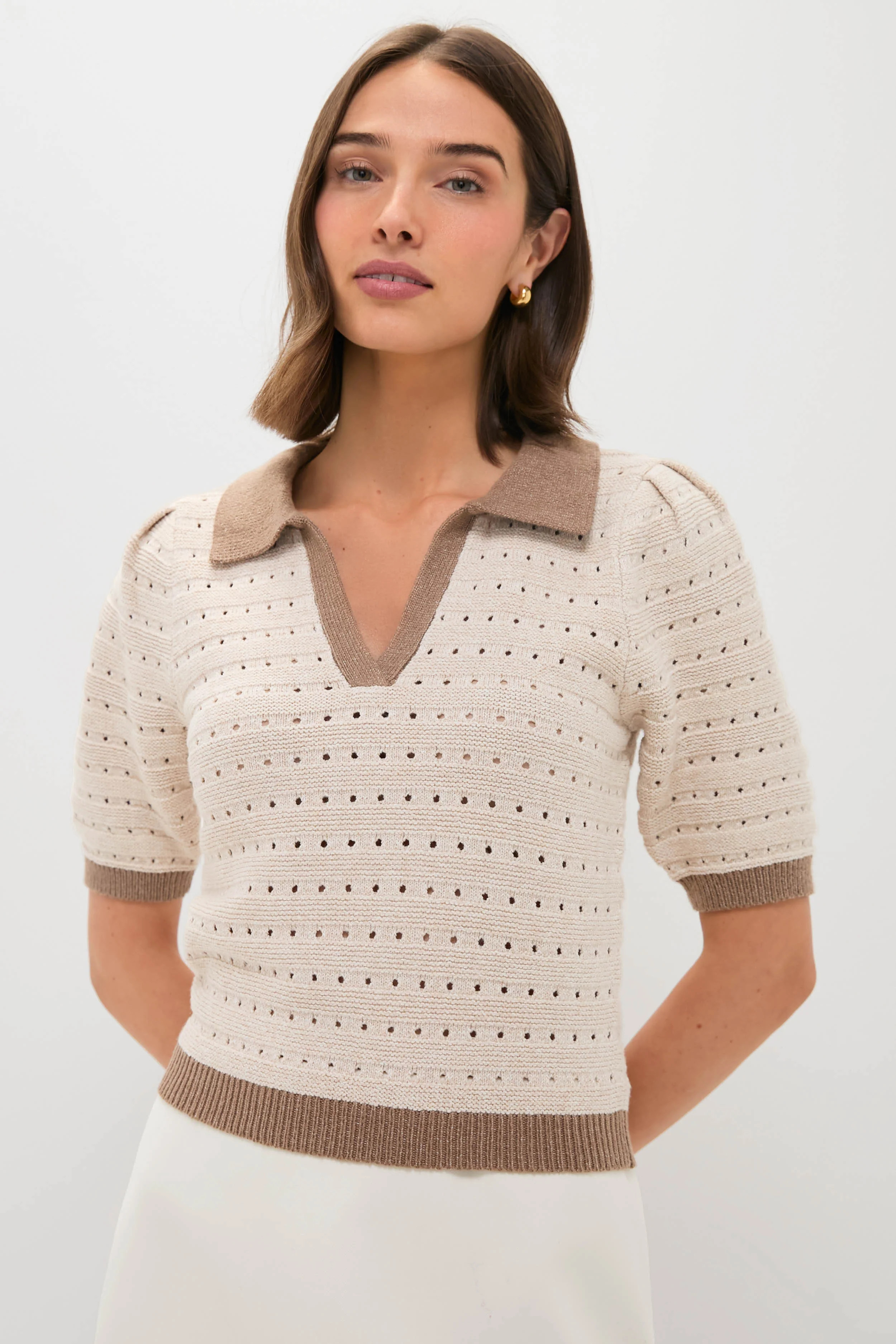 Cream & Tan Collared Short Sleeve Phil Sweater | Tuckernuck (US)