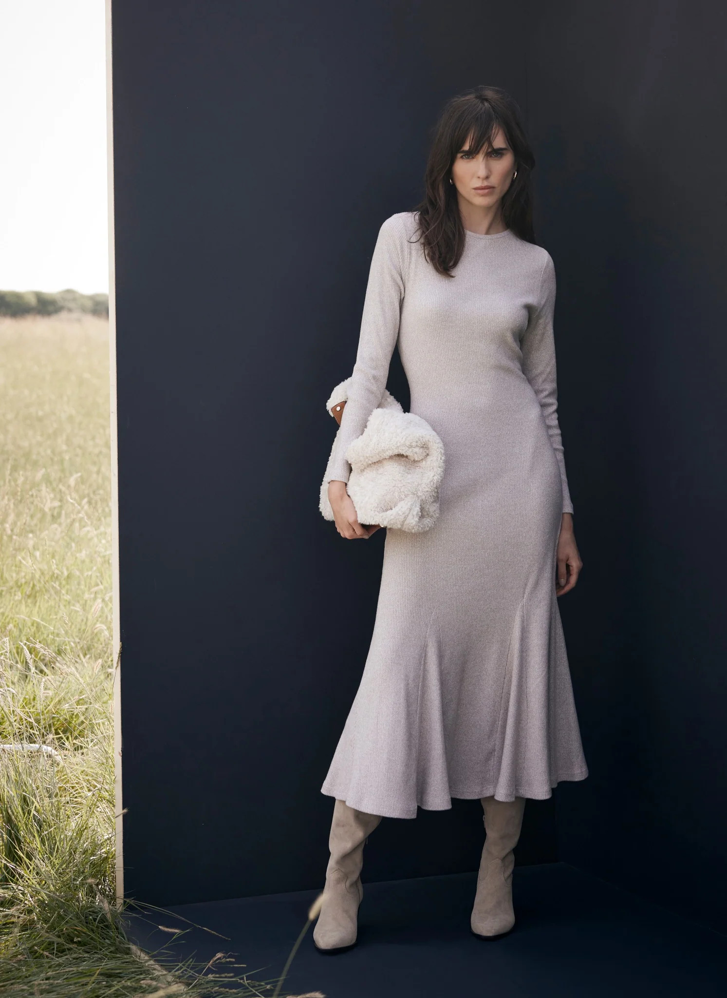 Neutral Cosy Ribbed Jersey Midi Dress | Mint Velvet