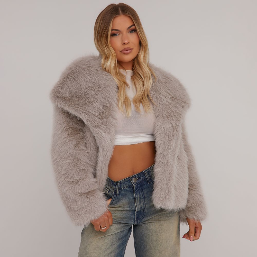 Oversized Collar Detail Cropped Jacket In Mink Faux Fur | EGO Shoes (US & Canada)