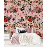 Pink Floral Wallpaper, Peel & Stick Wall Mural With Painted Flowers On Pink Background, Removable Ho | Etsy (US)