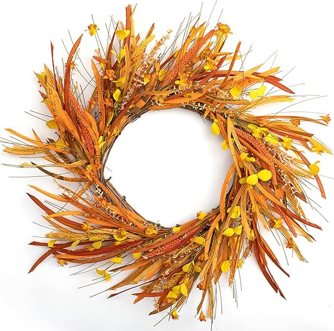 LOHASBEE Artificial Fall Harvest Wreath, 24" Autumn Wreath with Orange Ear of Wheats & Yellow Flo... | Amazon (US)