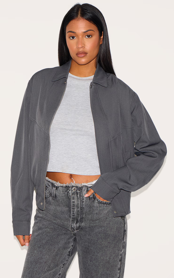 Tall Grey Oversized Utility Bomber Jacket | PrettyLittleThing US