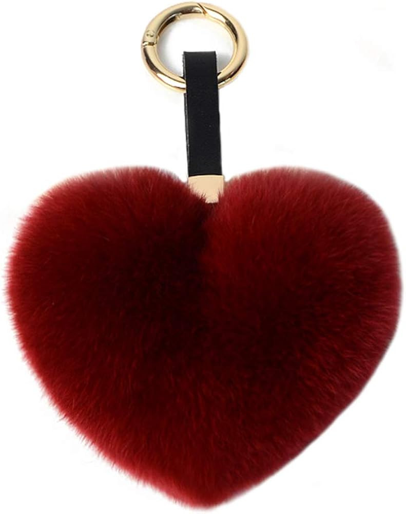 Genuine Rex Rabbit Hair Fur Pompom Keychain Heart Shaped Bag Charm Ring Fluffy Fur Ball | Amazon (US)