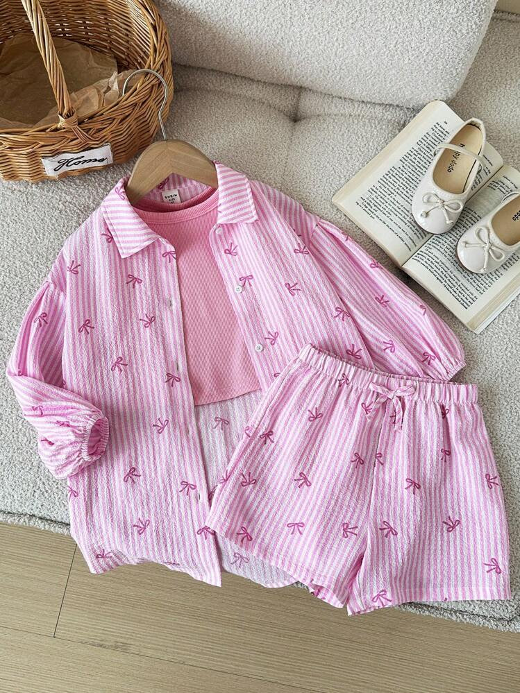 LMoss Kids LMoss   3pcs Set: Woven Striped Casual Shirt + Camisole + Shorts Set For Young Girls G... | SHEIN