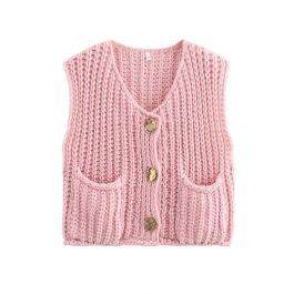 Bold Golden Buttons Patch Pocket Chunky Knit Vest in Pink | Chicwish