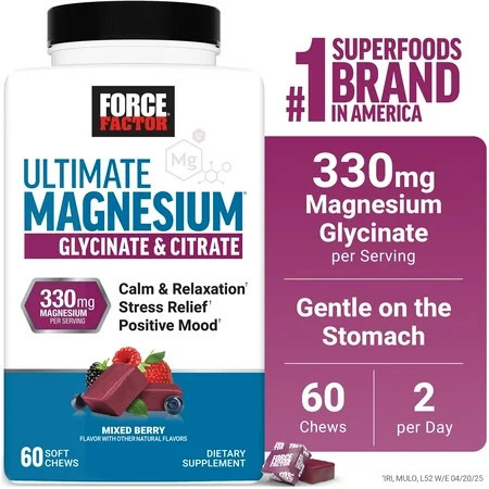 Force Factor Ultimate Magnesium, 330mg Magnesium Glycinate & Citrate to Promote Calm & Relaxation, Vegan & Gluten Free, Mixed Berry, 60 Soft Chews | Walmart (US)