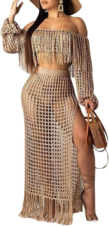 Aro Lora Women's 2pcs Bikini Swimsuit Cover up Beach Outfits Hollow Out Long Sleeve Crop Top Slit... | Amazon (US)