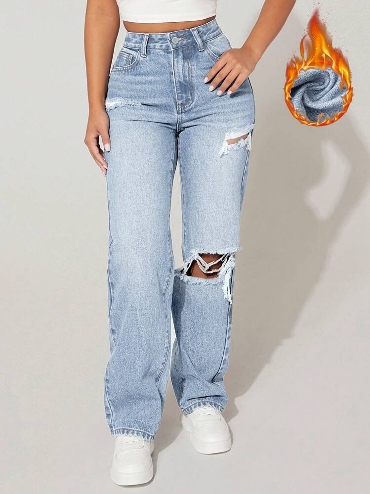 SHEIN EZwear Brushed Fabric Thermal High Waist Ripped Straight Leg Blue Jeans Thanksgiving Christmas Women Thickened Denim | SHEIN