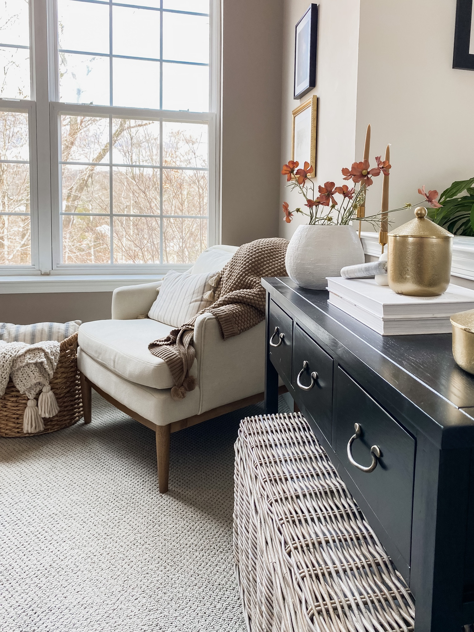 Living room design.  Console table decor.  Chair.  Console table.  Basket.  Jars.  Target.  Safavieh.  Studio McGee.

#LTKunder100 #LTKSeasonal #LTKhome