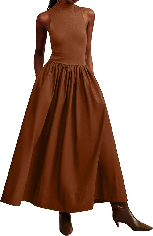 Sleeveless Maxi Dress for Women Patchwork Turtleneck Pullover Dresses with Pockets Casual Plain F... | Amazon (US)