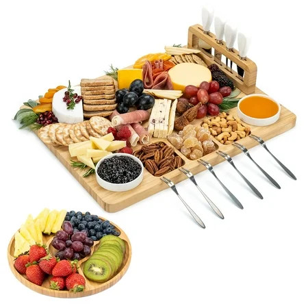 Smirly Cheese Board and Knife Set - Charcuterie Board Set Cheese Platter Board Bamboo Cheese Board with Cutlery Set Cheese Tray Wooden Cheese Board Set Cheese Cutting Board Set Chees | Walmart (US)