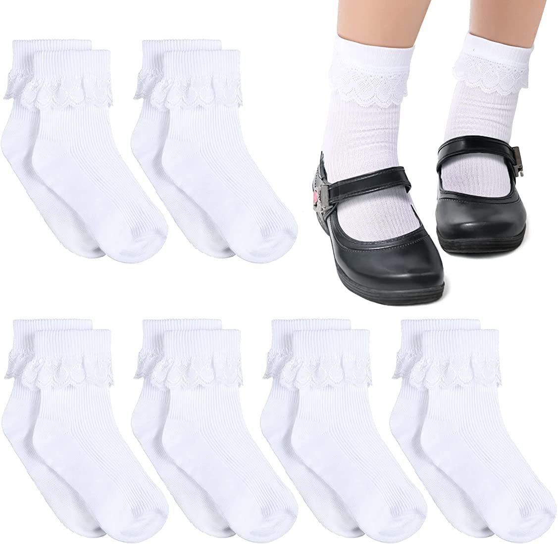6 Pairs Girls Ruffle Socks White Girls Eyelet Lace Sock Sruffled Girls Dress Socks for School Uni... | Amazon (US)