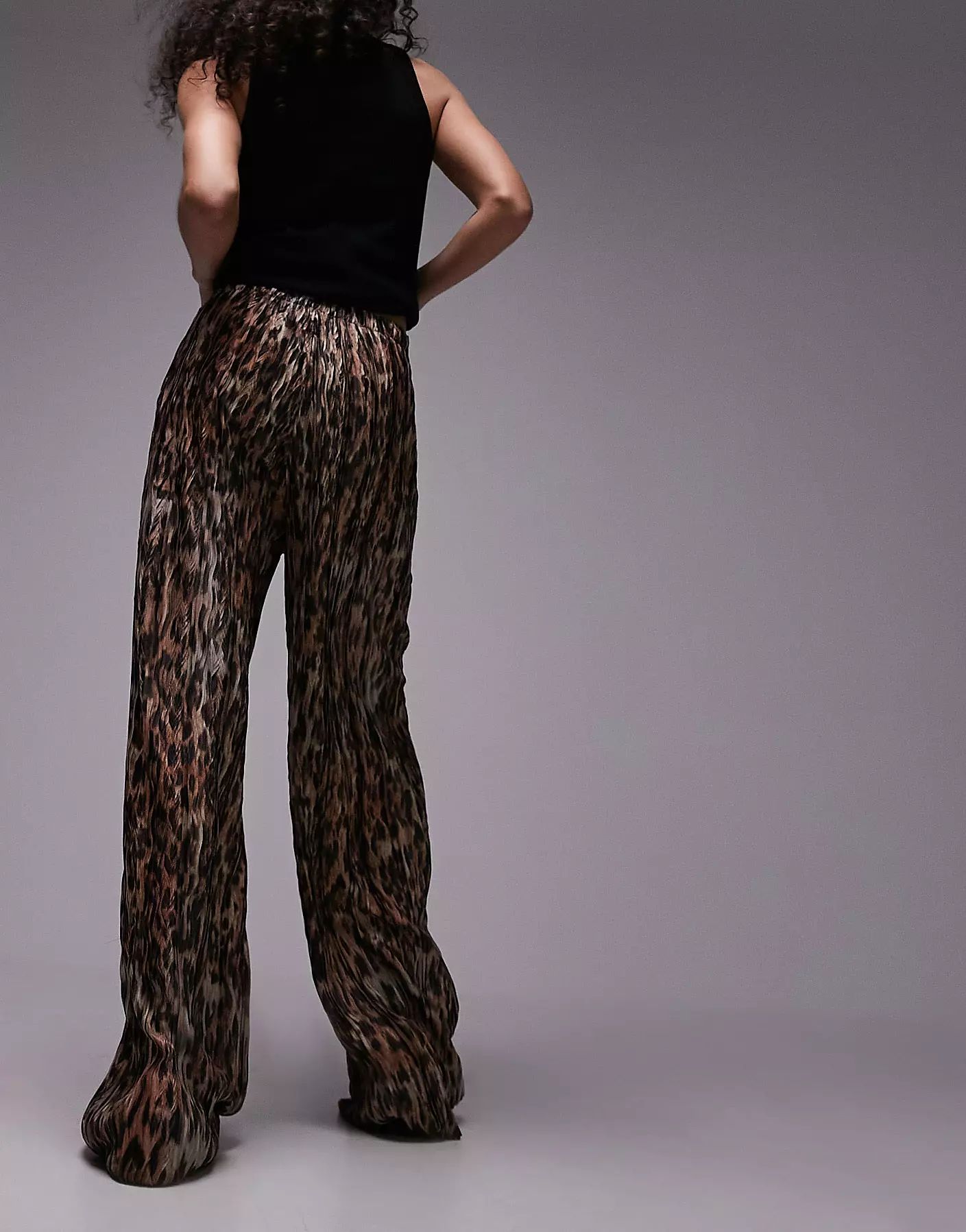 Topshop leopard print crinkle plisse straight leg pants in brown | ASOS (Global)