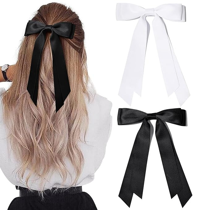 2PCS Silky Satin Hair Bows Hair Clip Black White Hair Ribbon Ponytail Holder Accessories Slides M... | Amazon (US)