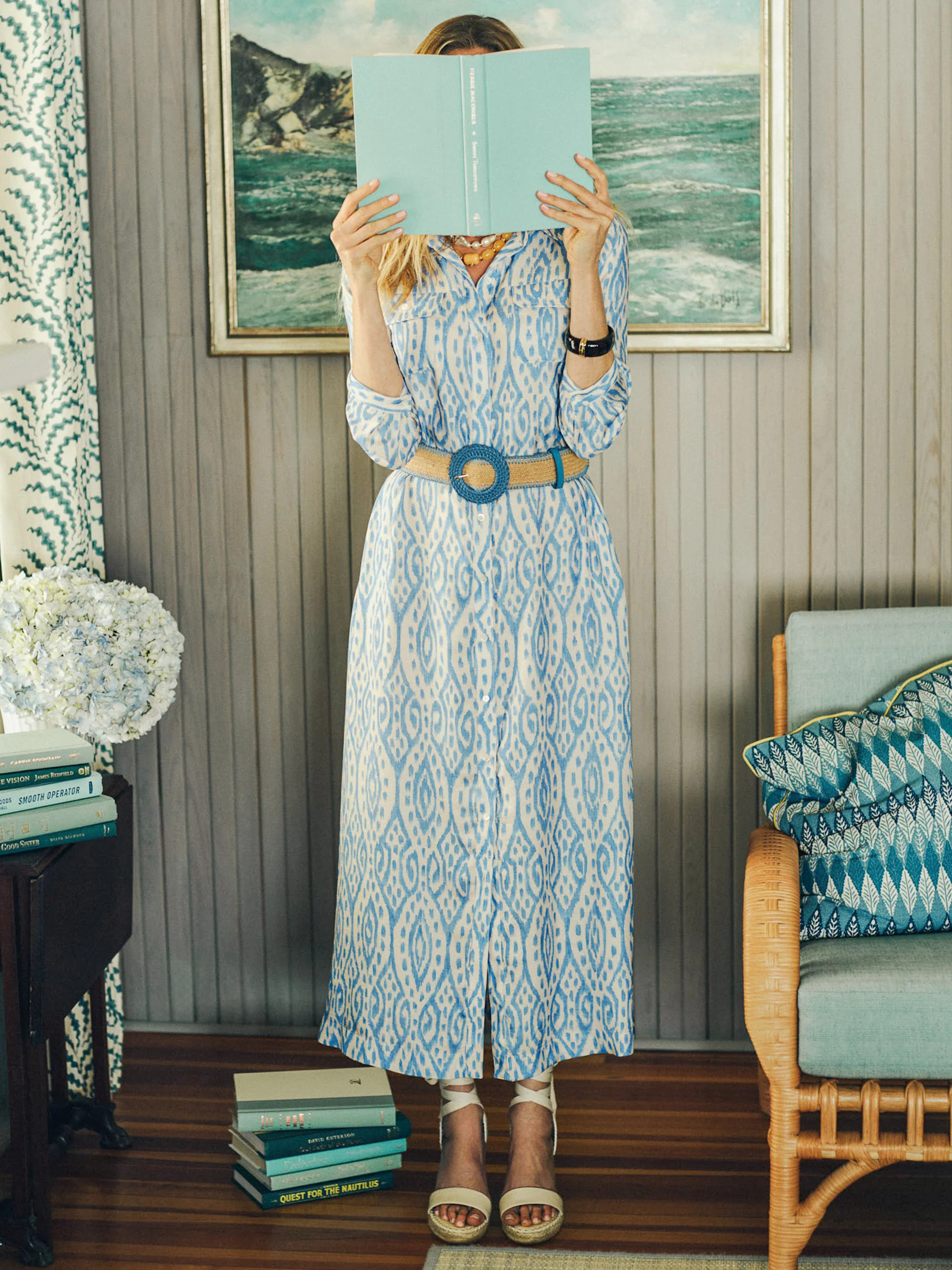 Off_White/Blue Seagrass Ikat Freda Silk Blend Dress | Women's Dresses | J.McLaughlin | J.McLaughlin