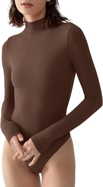 PUMIEY Women's Mock Turtle Neck Long Sleeve Bodysuit Sexy Tops | Amazon (US)