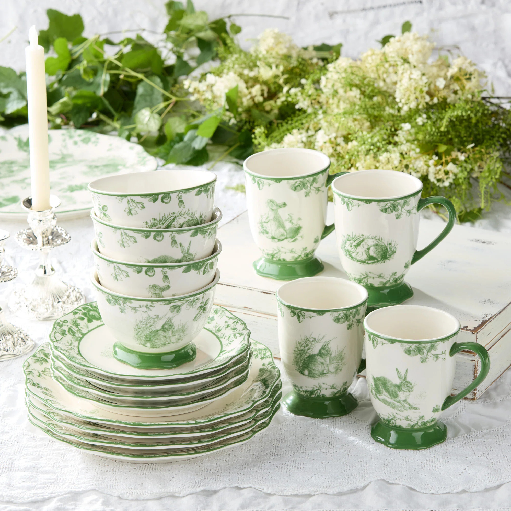 Le Jardin 16-Piece Green Bunny Dinnerware Set – Elegant Stoneware Plates, Bowls & Mugs for Spri... | Wayfair North America