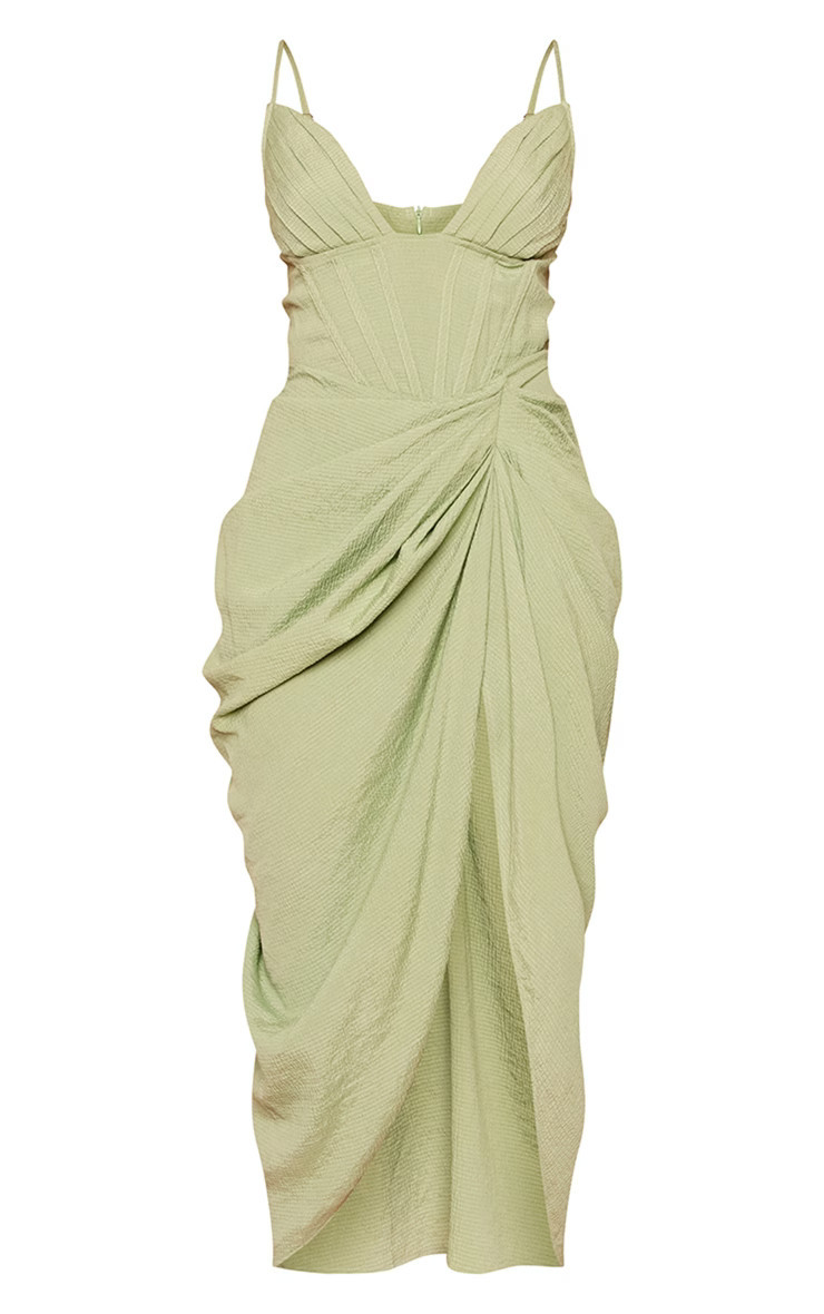 Sage Green Textured Strappy Plunge Corset Draped Midi Dress | PrettyLittleThing US