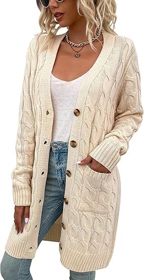 Womens Cardigan Long Sleeve Cable Knit Sweater Open Front Loose Outwear with Pocket | Amazon (US)