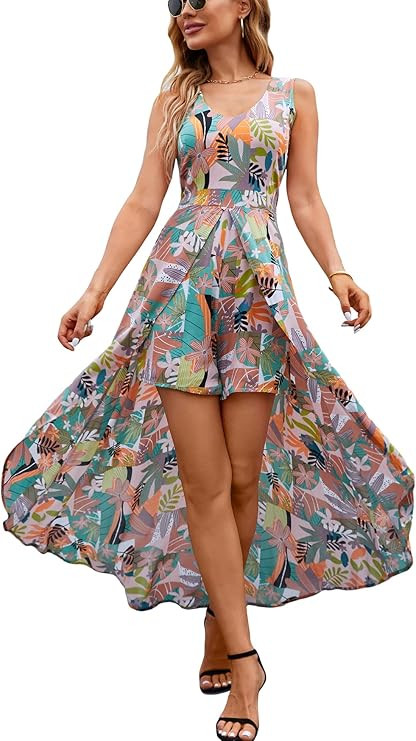 Kormei Womens Sleeveless Scoop Neck Floral Rayon Party Split Maxi Romper Dress | Amazon (US)
