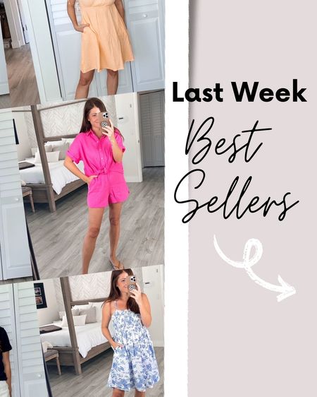 Last Weeks Best Sellers! 

Wearing:
Pink gauze set- small in both blue floral dress- small
Yellow Dress- XS but need a small
Crochet sweater Dress- small
Shirt- small
V neck tee- smalll

#LTKFindsUnder50 #LTKStyleTip #LTKOver40