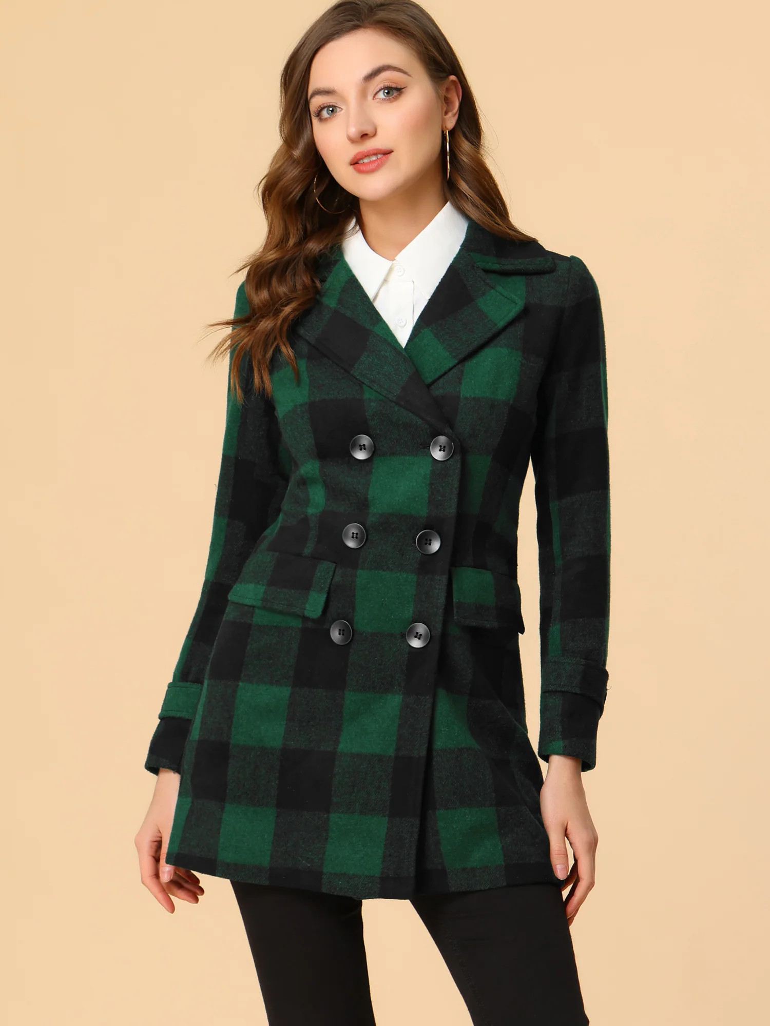 Buffalo Checks Double Breasted Notched Lapel Plaid Trench Pea Coat | allegra-k