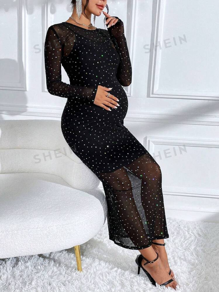 SHEIN Maternity Rhinestone Detail Mesh Dress | SHEIN