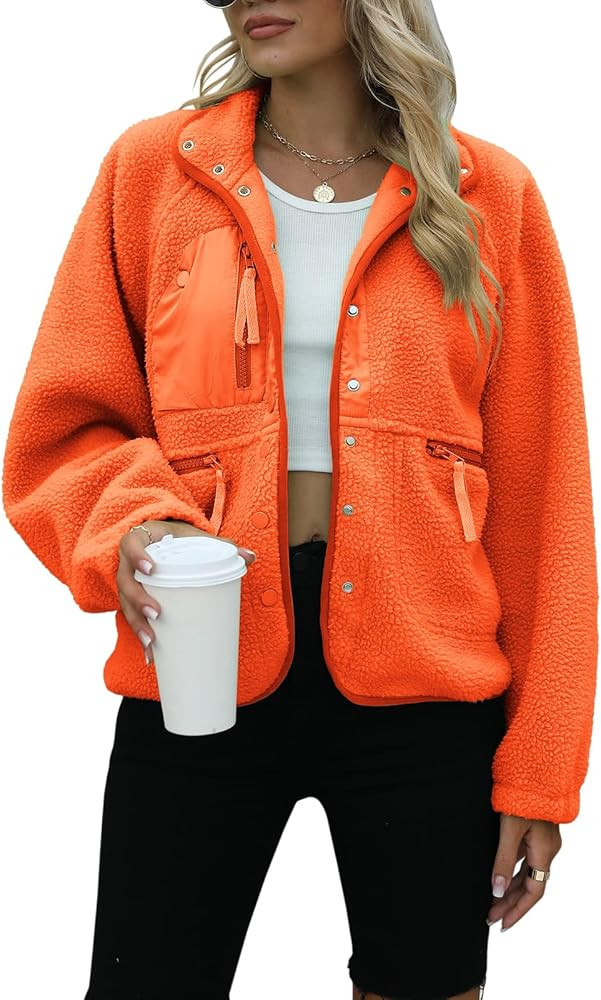 Yanekop Womens Fleece Jacket Fuzzy Long Sleeve Short Coats Button Down Sherpa Outerwear with Pock... | Amazon (US)