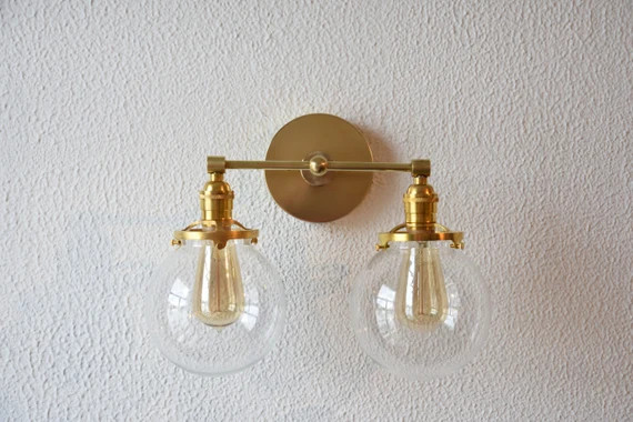 Free Shipping! Wall Sconce Vanity Polished Nickel 2 Bulb With Clear Globes Modern Mid Century Indust | Etsy (US)