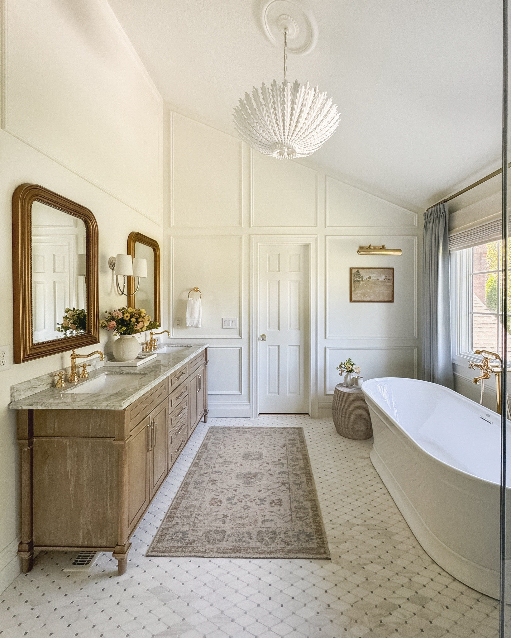 Wall color: Sherwin Williams Greek Villa 

Curtain details:
Isabella heavyweight polyester cotton blend
Winter Sky
Triple pleated header
Room darkening liner
memory training
My curtain measurements 91”L x 60”W

Bathroom decor, bathroom vanity, white oak vanity, Home Depot, Wayfair, faucet, Rohl plumbing, home decor, neutral decor 


#LTKSaleAlert #LTKSeasonal #LTKHome