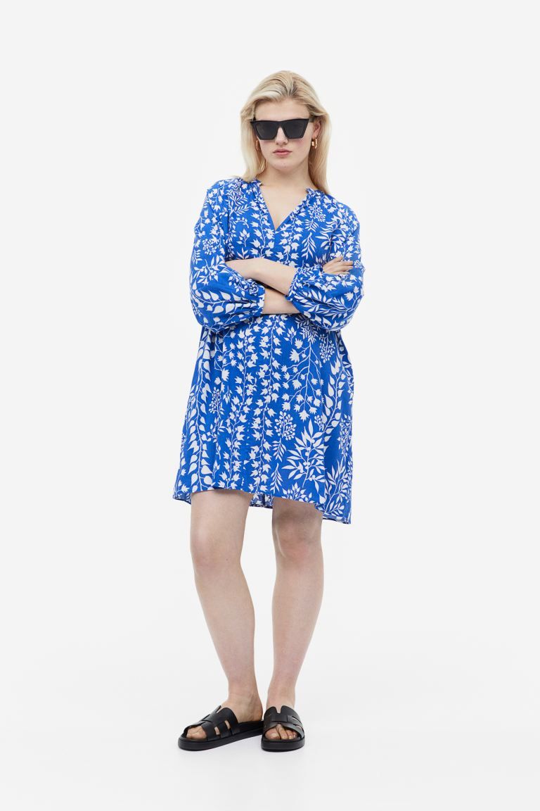 Double-weave Tunic Dress - Blue/floral - Ladies | H&M US | H&M (US + CA)