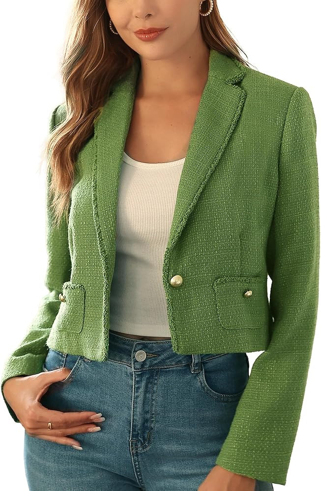 Women\u2019s Cropped Tweed Jacket Blazer with Pockets Notch Lapel | Amazon (US)