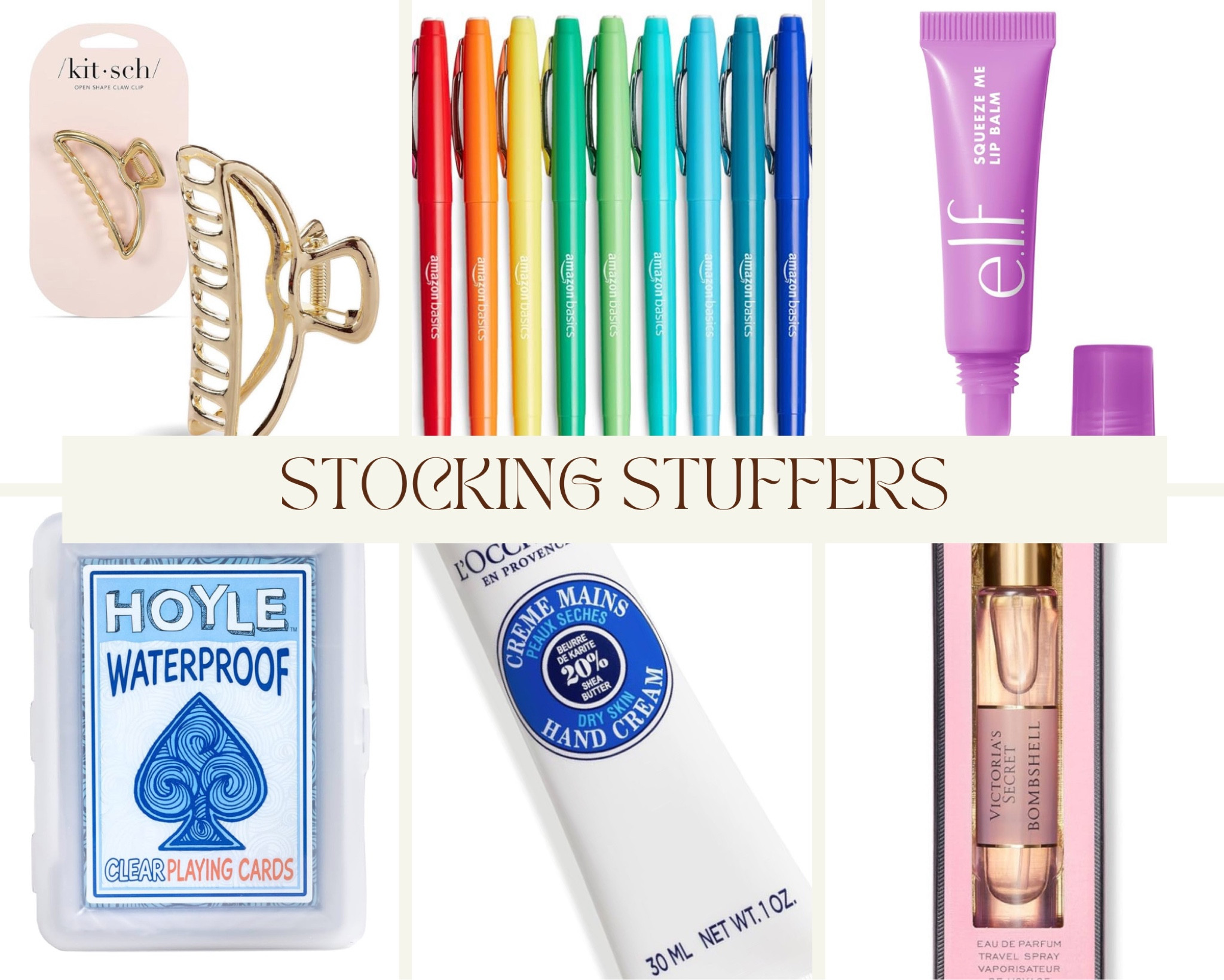Too Sticking Stuffers Amazon Prime!
Kitsch Hair Clips 
Elf lipgloss 
Victoria’s Secret perfume 
Waterproof cards
Pens 
L’OCCITANE hand cream

#LTKHoliday #LTKGiftGuide #LTKFindsUnder50