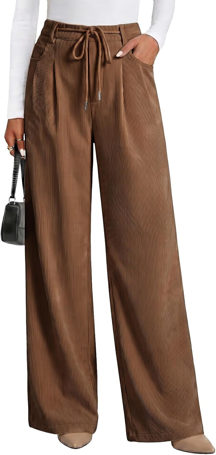 Sidefeel Corduroy Pants Women Wide Leg High Waisted Drawstring Baggy Pants | Amazon (US)