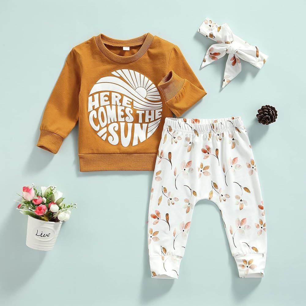 Baby Girl Clothes Set Fall 3 6 9 12 18 24 Months Long Sleeve Sweatshirt & Floral Print Pants & Headb | Amazon (US)