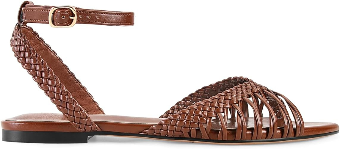 Leather Woven Flats Sandals for Women Strappy Flat Sandals Pointed Open Toe Braid Beach Sandal Co... | Amazon (US)