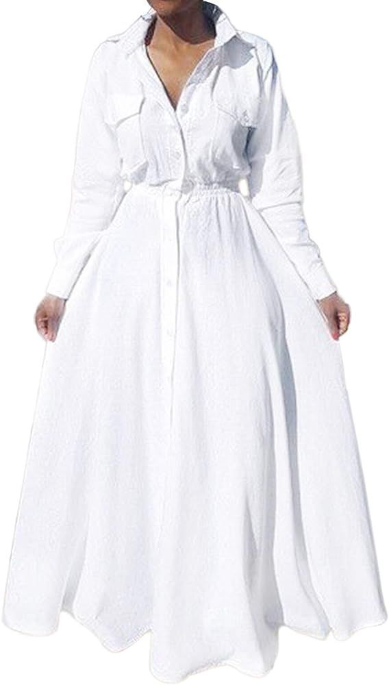 Bodycon4U Women's Pleated Long Sleeve Party Cocktail Long Maxi Button Down White Shirt A-line Dress  | Amazon (US)