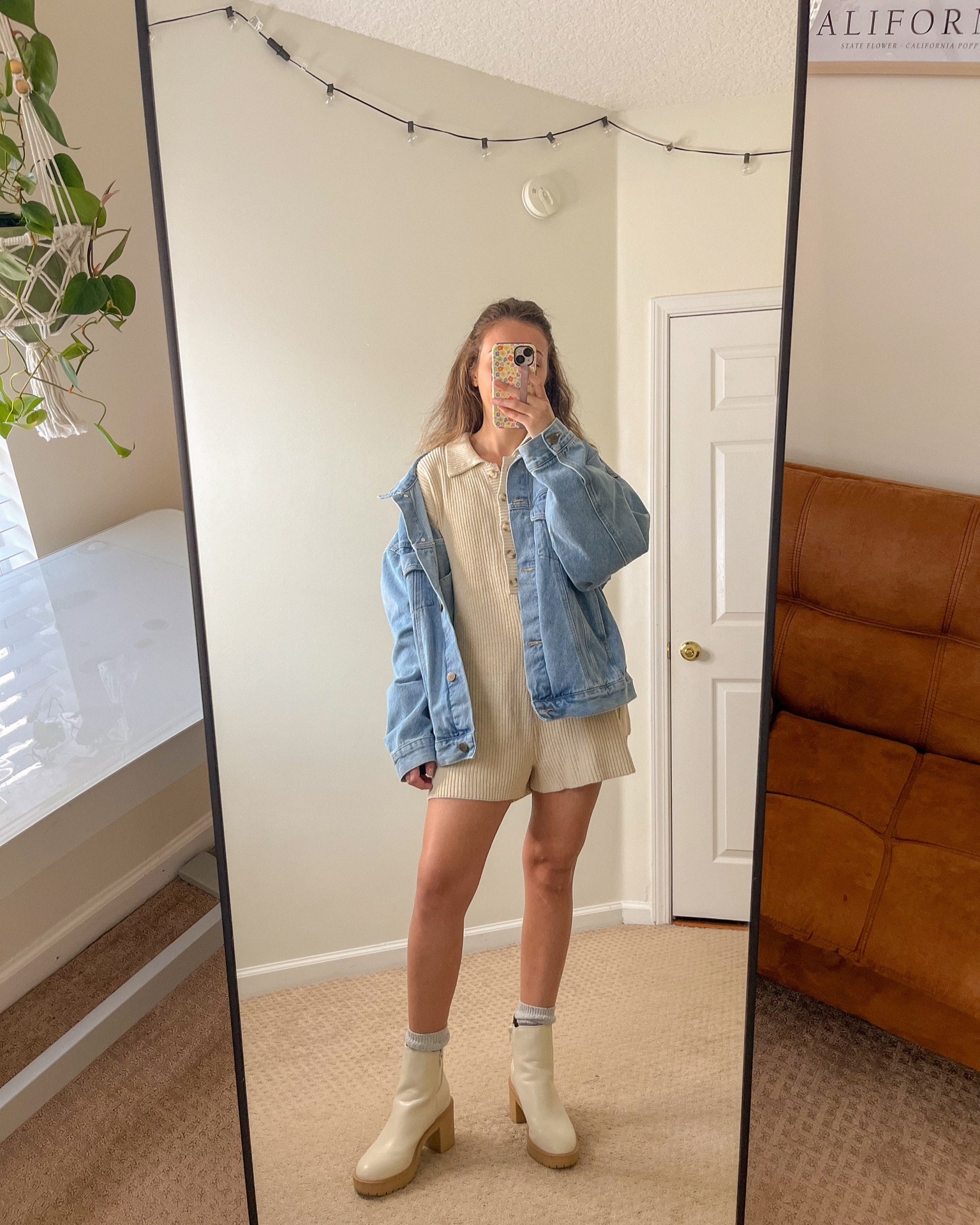 Fall / Winter Outfit of the Day OOTD; Grey Bandit Oversized Denim Jacket, Pink Blush Boutique Neutral Sweater Romper, Dolce Vita Boots

#LTKstyletip