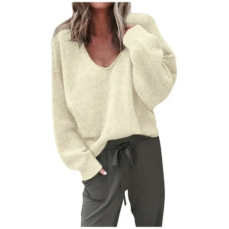 SMihono V Neck Pullover Solid Color Long Sleeve Short Sweaters for Women Loose Casual Womens Fashion | Walmart (US)
