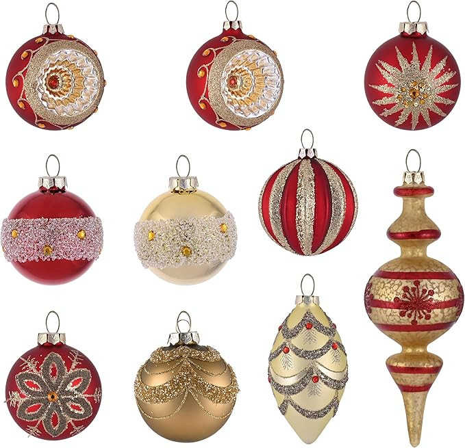 Valery Madelyn Glass Christmas Ornaments Set, 10ct Red Gold Mercury Blown Large Glass Christmas T... | Amazon (US)