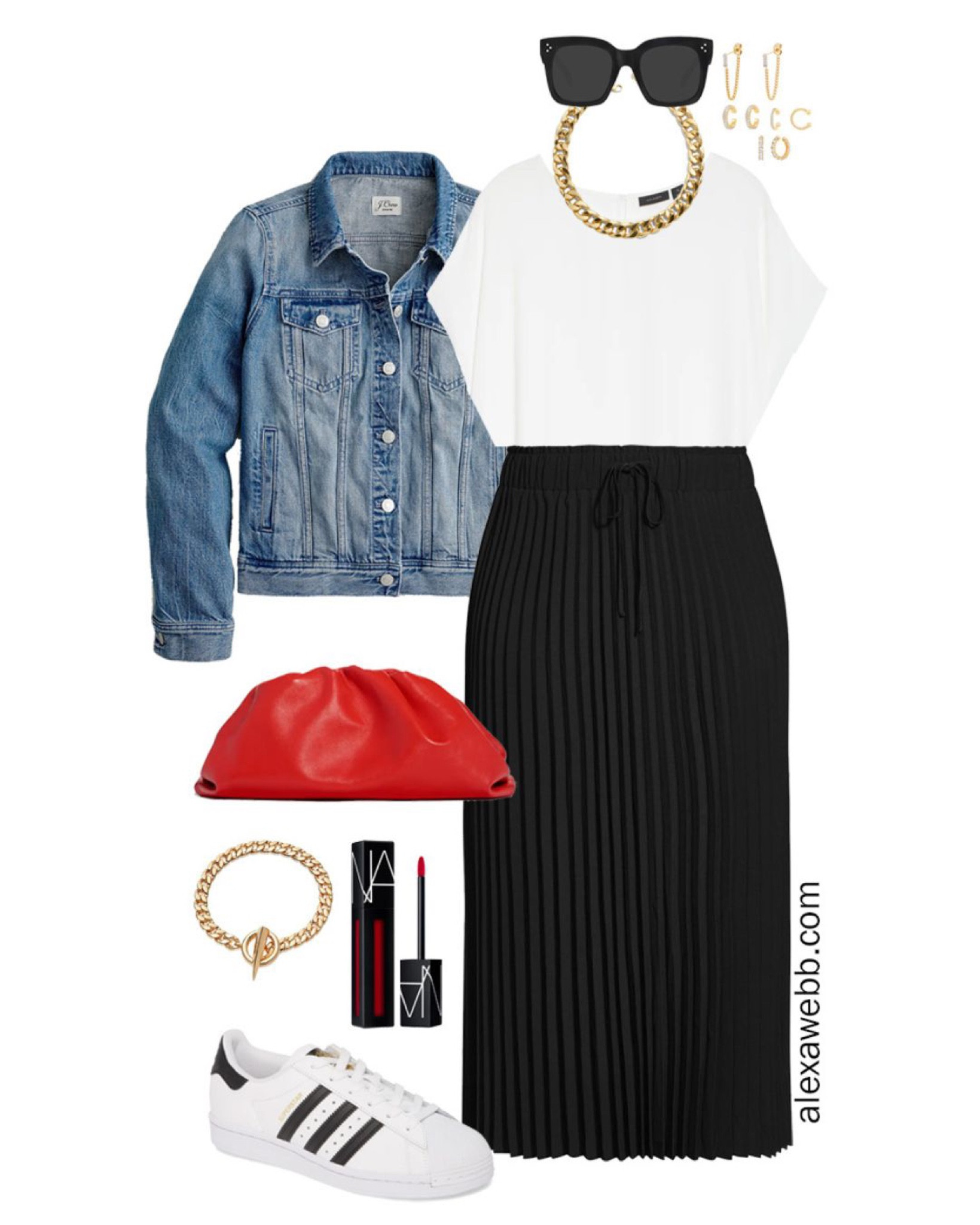 Plus Size Black Pleated Skirt Outfit with a Denim Jacket, White Cap Sleeve Blouse, Red Clutch, and Adidas Sneakers - Alexa Webb 

#LTKplussize #LTKstyletip #LTKshoecrush