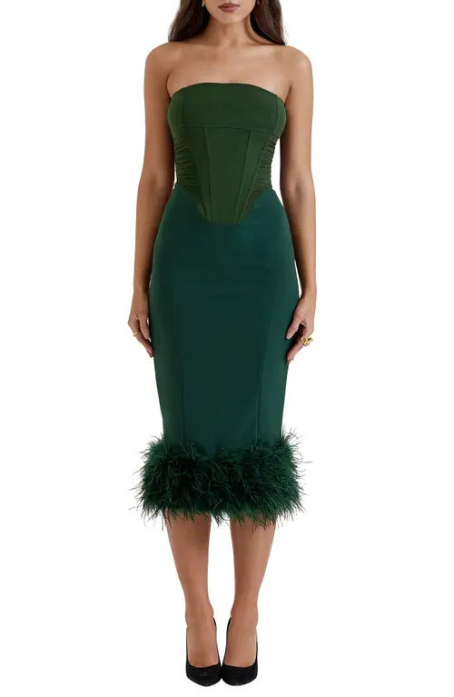 HOUSE OF CB Fionula Strapless Feather Hem Midi Dress in Emerald Green at Nordstrom, Size X-Large | Nordstrom