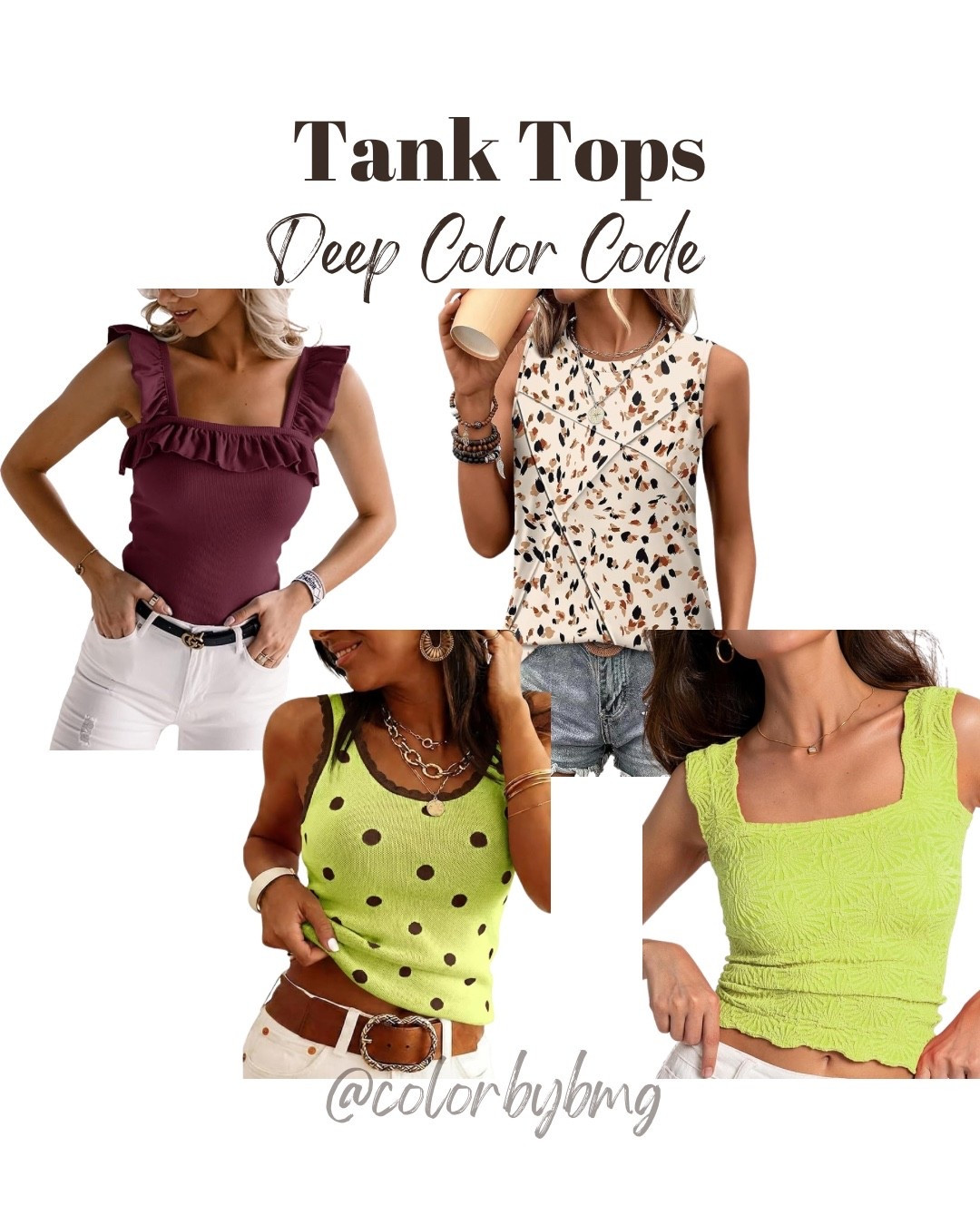 Deep Color Code Tanks
Colors:
1. Burgundy
2. Polka Dots-yellow
3. Graphic Apricot
4. Bright Yellow