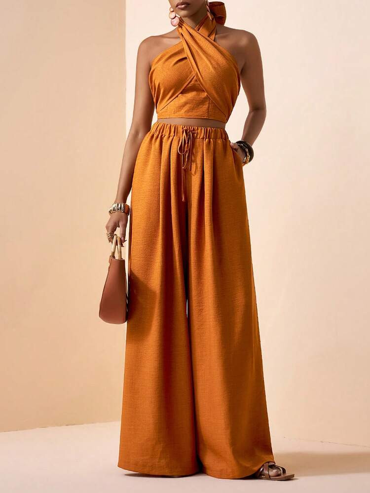 Zivah Burnt Orange Summer Boho Holiday Vacation Holiday,Women's Halter Neck Tie Blouse & Wide Leg... | SHEIN