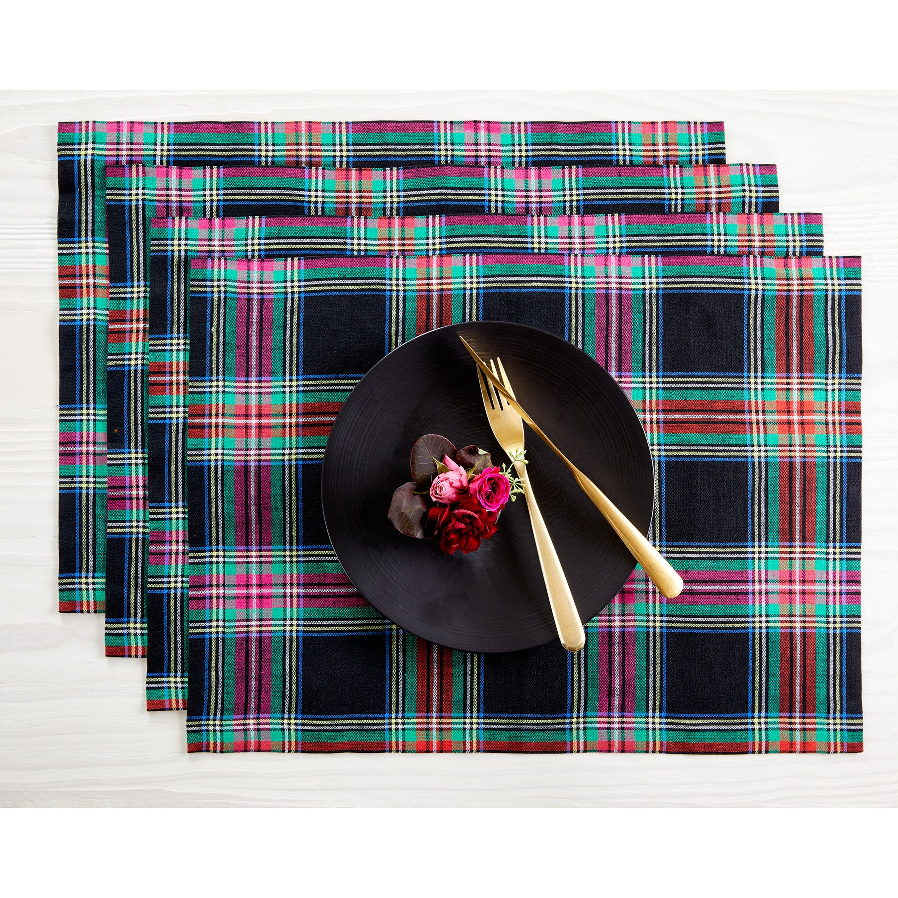 100% Pure Linen Black Oxford Plaid Placemats, Set of 4 | Solino Home