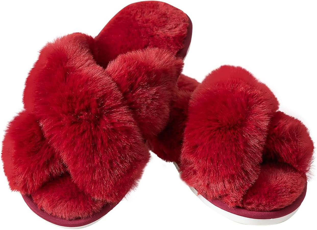 Women's Fuzzy Cross Band Slippers Indoor Outdoor Soft Open Toe House Slippers | Amazon (US)