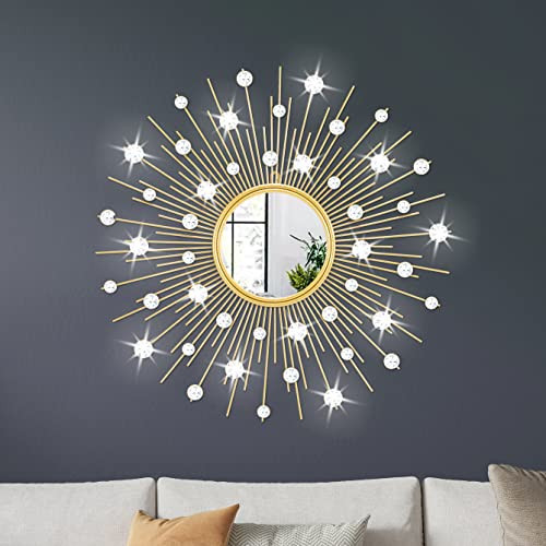 TaoliMo Gold Sunburst Mirror for Wall Decor Metal Sun Wall Mirror Decorative with Crystal Diamond for Living Room Bedroom Entryway Large Circle Mid Century Modern Starburst Wall Hanging 24 Inch | Amazon (US)