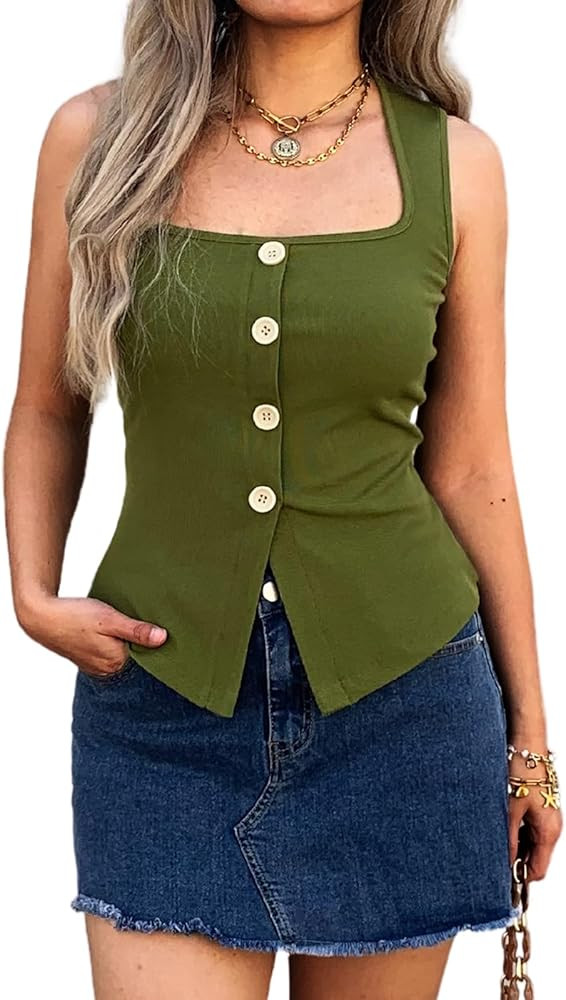 Women's 2025 Ribbed Tank Tops Slim Fit Square Neck Sleeveless Shirts Slit Hem Summer Casual Basic... | Amazon (US)