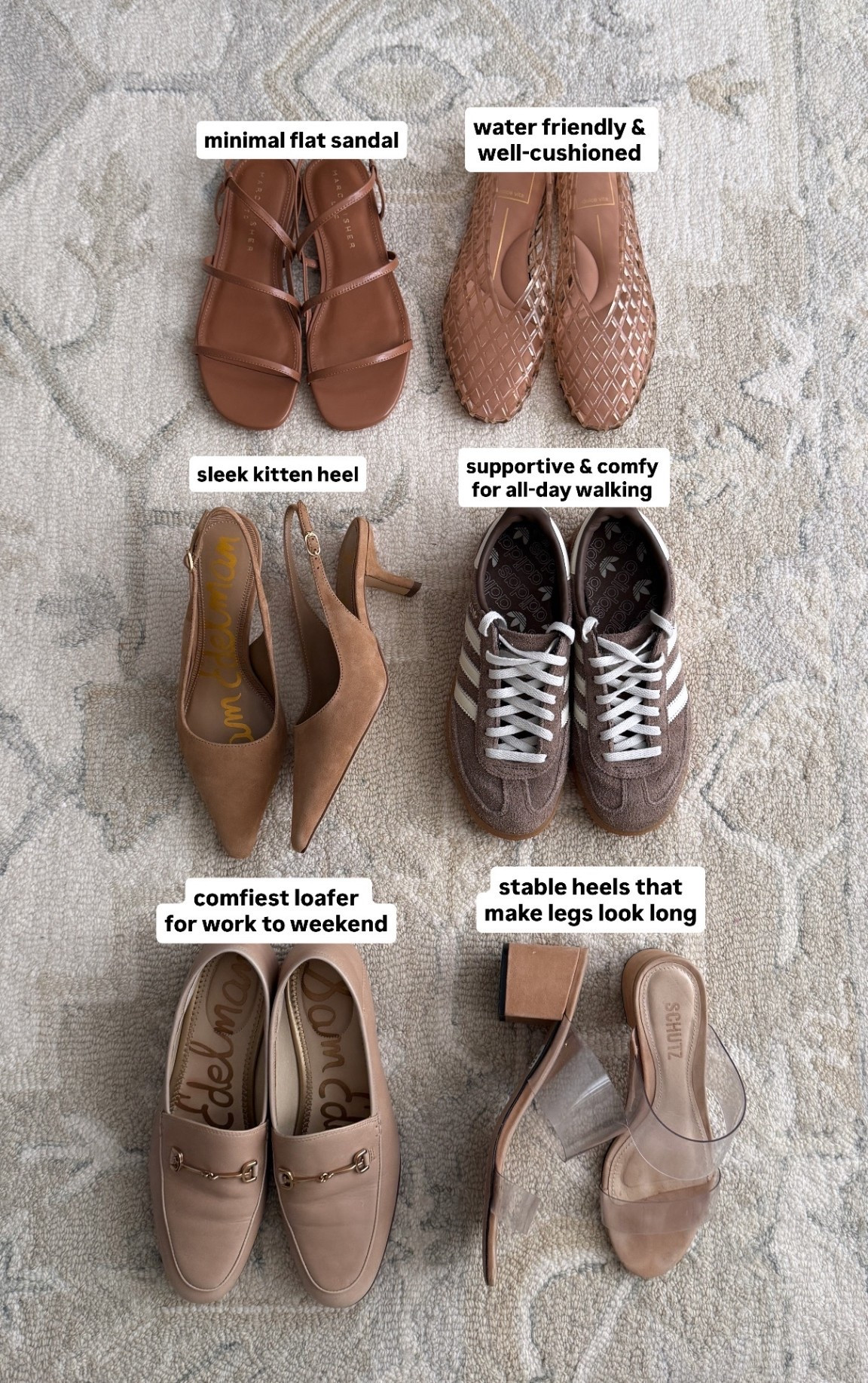 Spring / summer shoe lineup that covers casual to dressy, work to pool

I'm usually a 5 to 5.5 in most brands.

• Marc Fisher strappy sandals TTs . I got 5.5 comfortable and sleek 

• Dolce Vita jelly flats in Mocha size 5, size down if you're a half size

• Sam Edelman slingback heels 5.5 slightly narrow at toes so I went with my bigger half 

• Adidas handball spezial sneakers 5, runs big and fits loose on me but so comfy. would size down half if they made smaller

• Sam Edelman Loraine loafers 5.5 very comfy and tts. 

• Schutz clear sandals 5.5

• for heels I love the mango heels linked. Very elongating and chic 

#LTKspring #LTKspringtrends 